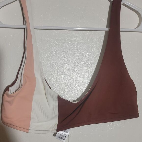 L * Space  by Monica Wise Swimsuit Top L NWT Color Block Ibiza Brown Pink White - Picture 5 of 8